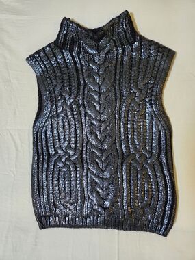 Jason Wu Navy Blue Metallic Cable-Knit Sleeveless Mock Neck Top